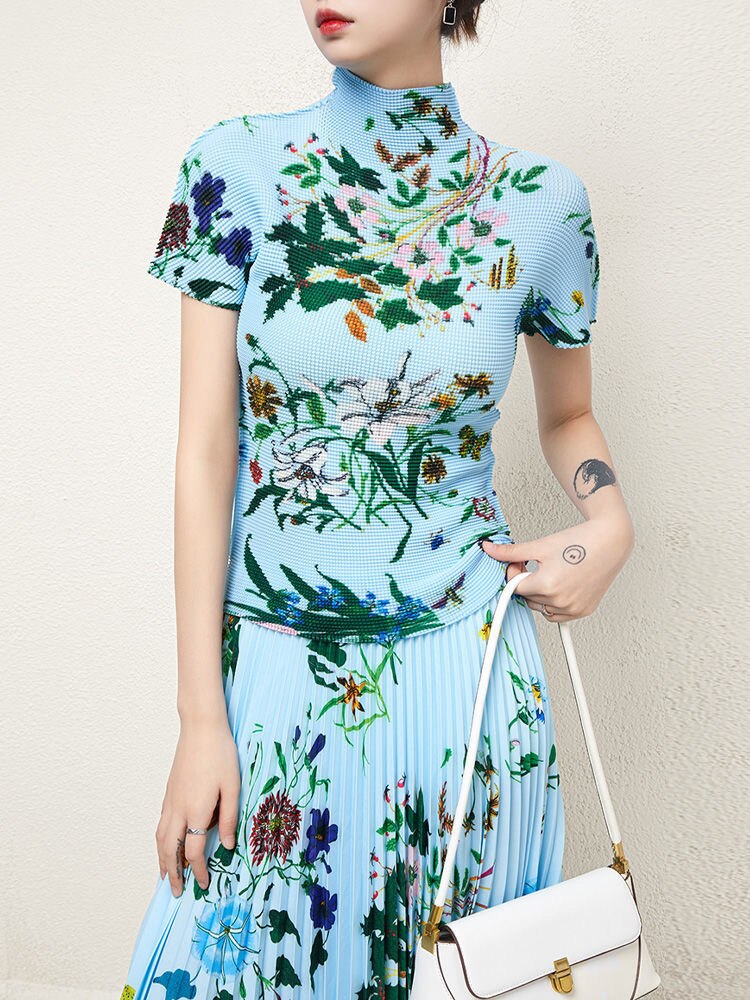 Designer Floral Pattern Women Two Piece Sets Summer Stand Collar Elastic Tops Slimy Tee Pleated Maxi Skirt
