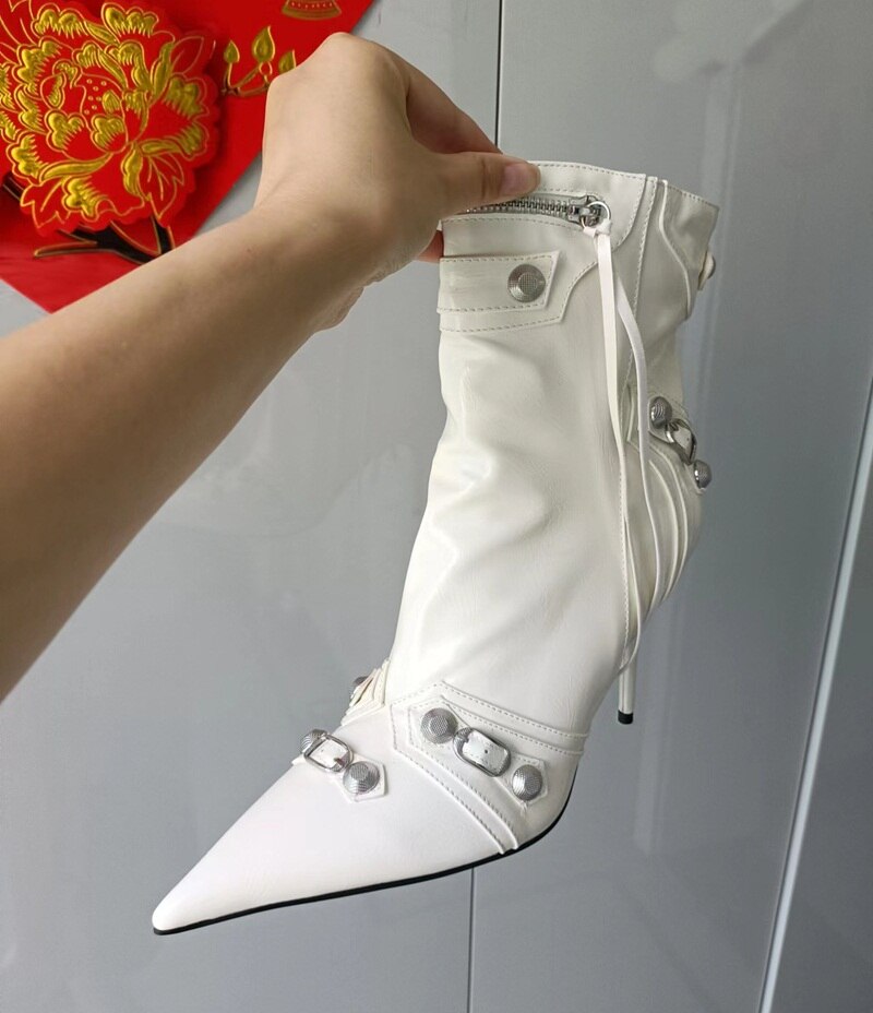 Women's Sexy High Heels Metal Buckle Luxury Shoes Fashion Pointed Toe Ankle Boots Black Stiletto Dress Party Short Boots