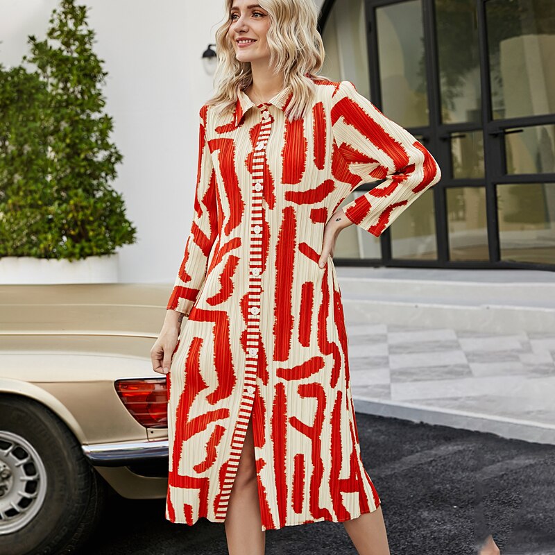 Pleated Women Vintage Printed Dress Turn-down Collar Button Cardigan Single Breasted Coats Designer Aesthetic Long Dress