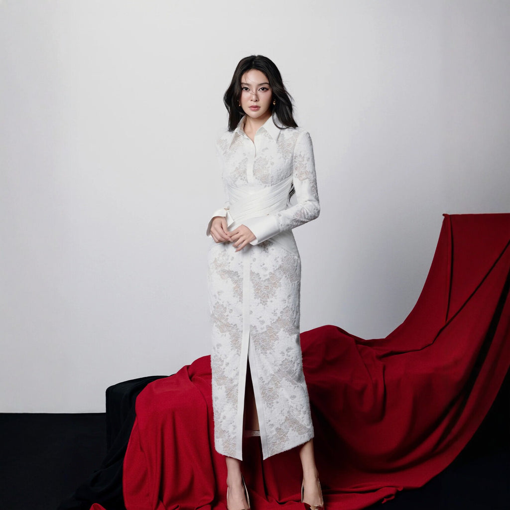 White lace embroidered long sleeved dress for women