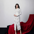 White lace embroidered long sleeved dress for women