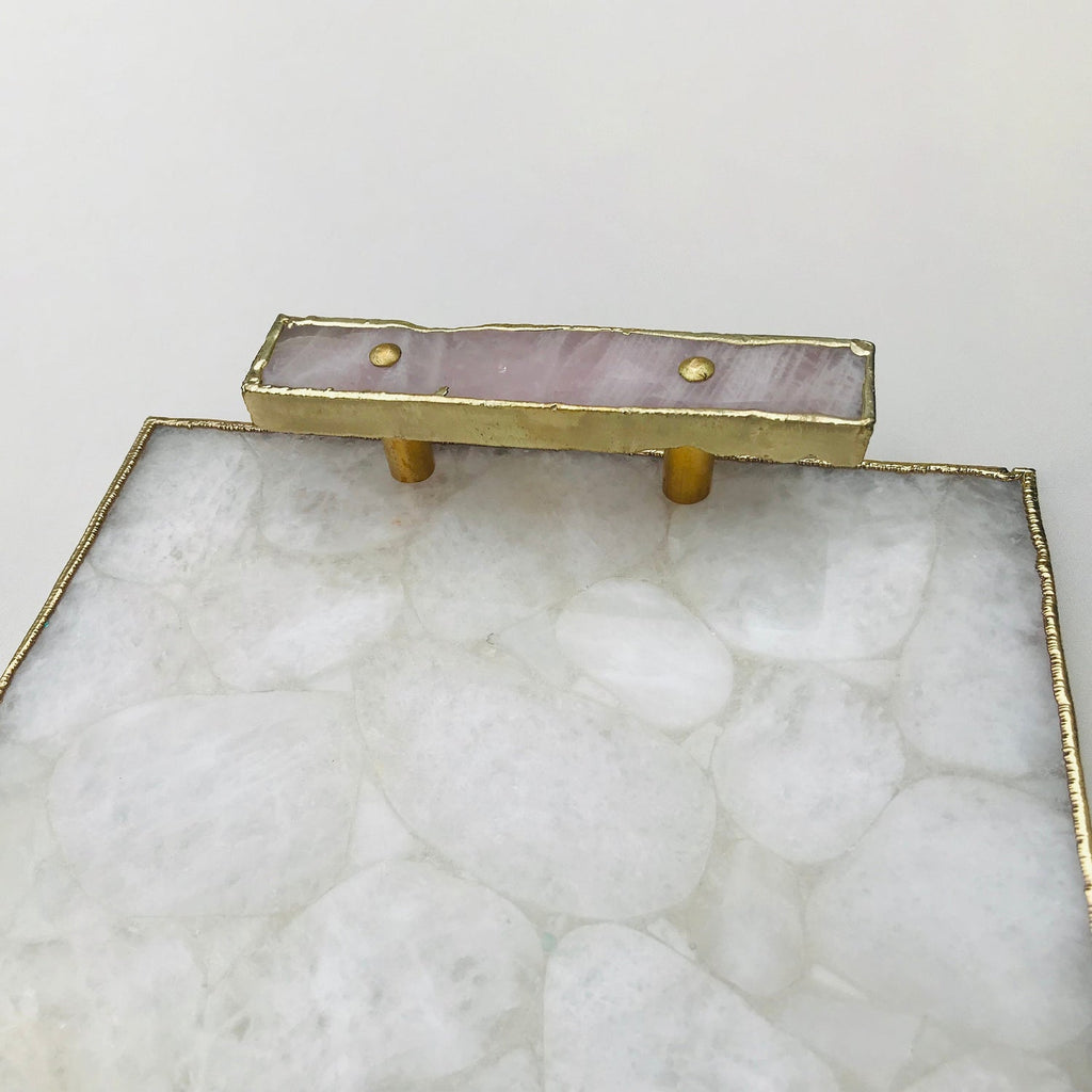 White Crystal Agate Plated Serving Tray With Clear Quartz Handles/Personalised Momentos/Sign Boards
