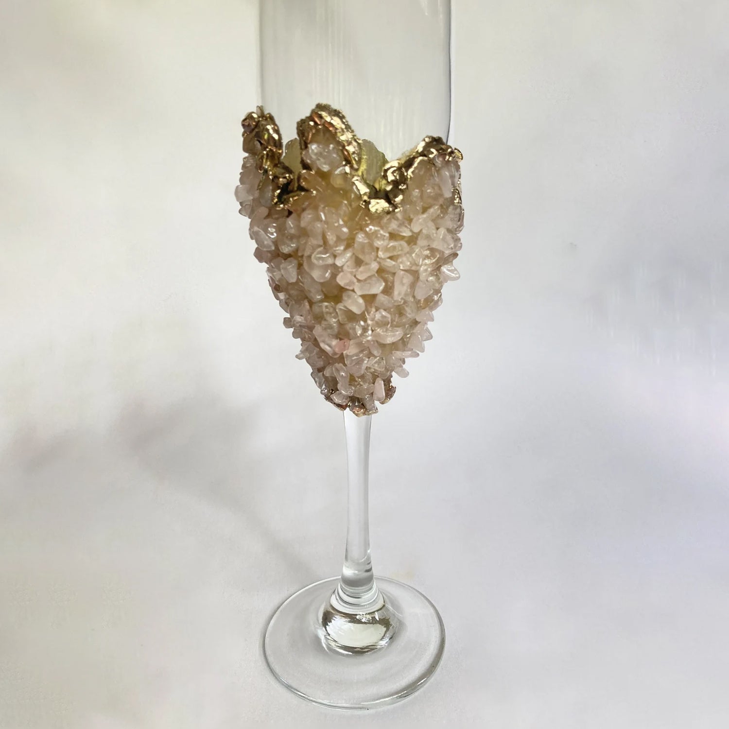 Set of 2 |Crystal Wine/Champagne Glasses with Gold Plated Rose Quartz Agate/Quartz Semi-precious Crystals | 7 oz/215 ml