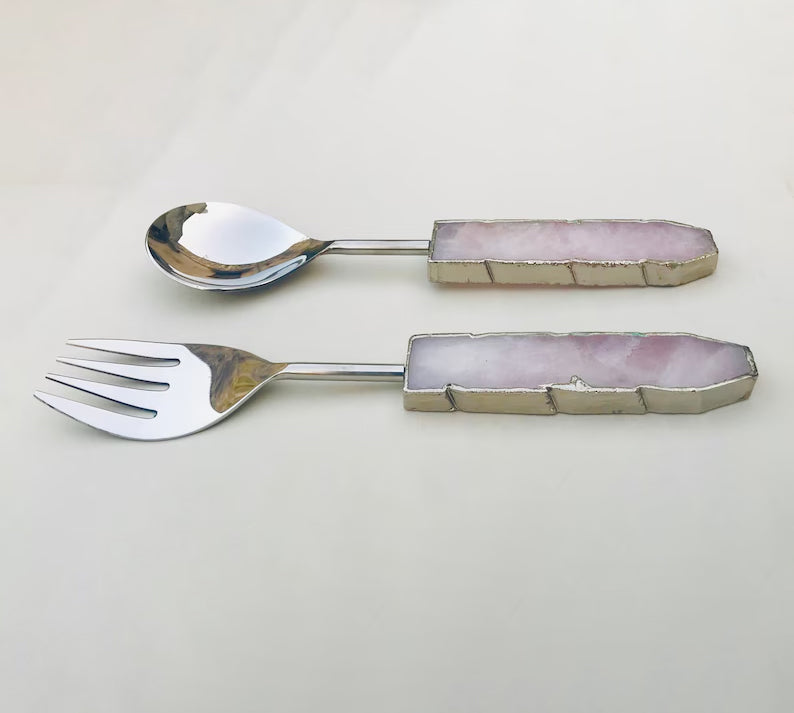 Rose Quartz Agate Salad Server - Set of 2
