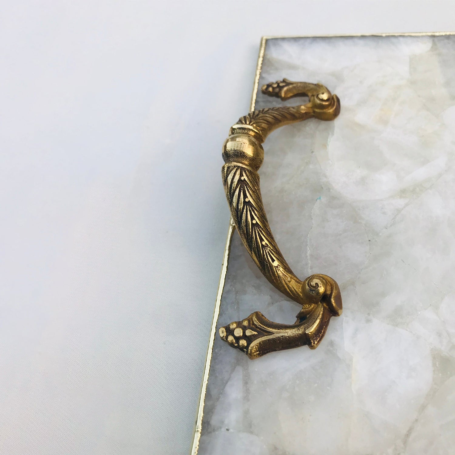 White Agate  Serving Tray With Brass Handles