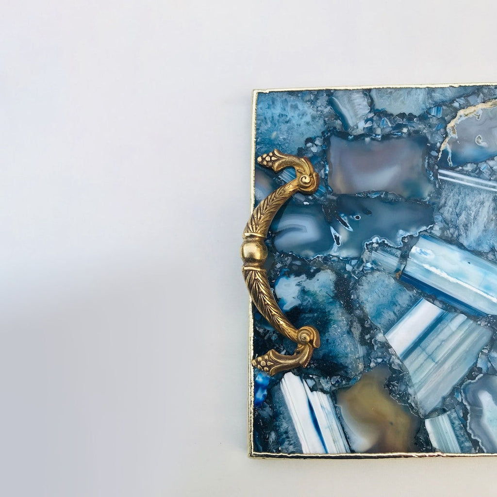 Blue Agate Serving Tray With Brass Handles