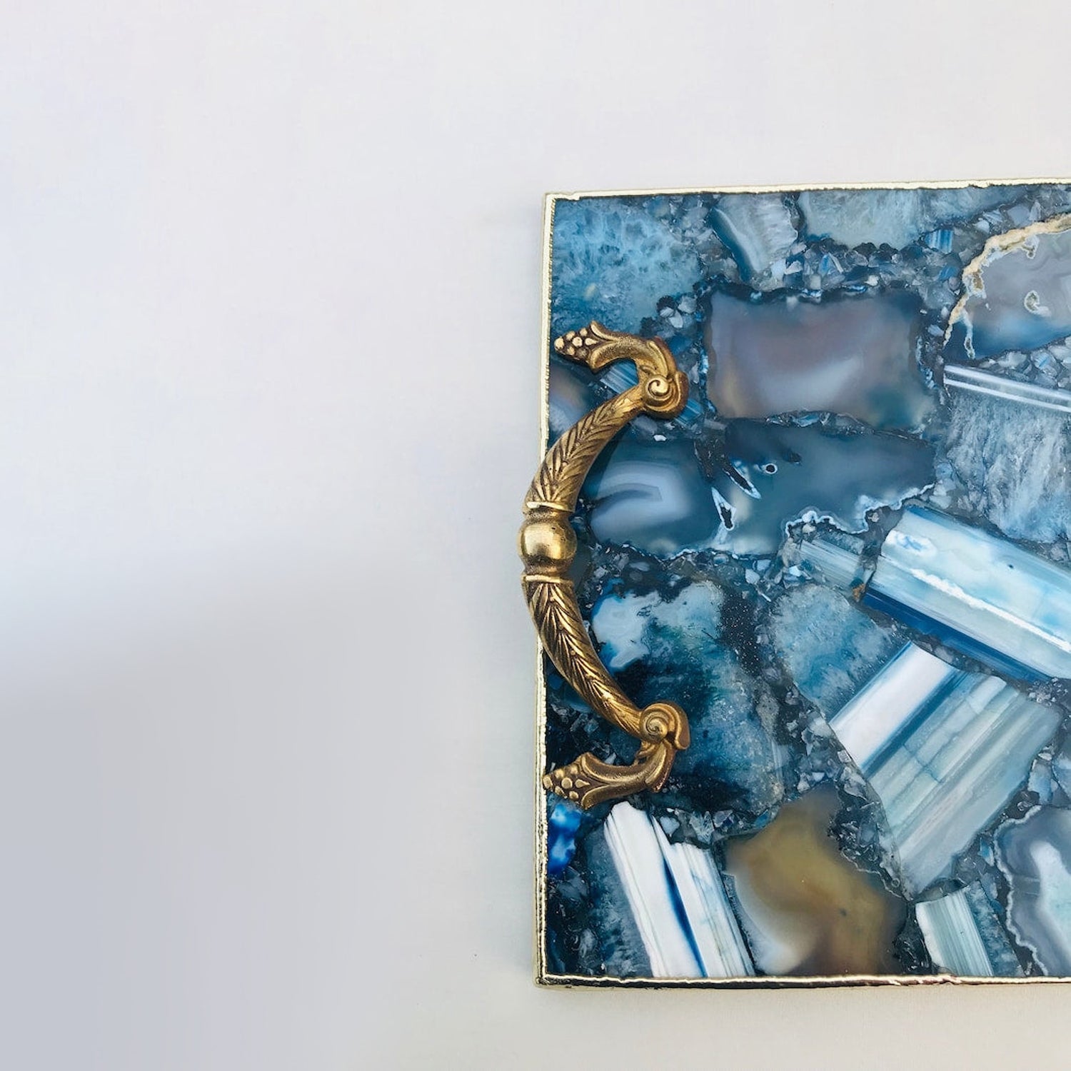 Blue Agate Serving Tray With Brass Handles