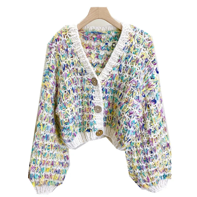 Women Multicolor Handknit Colorful V-neck Chunky Cardigan Warm Knit Sweater Top Autumn Winter New in Women Clothes