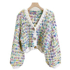 Women Multicolor Handknit Colorful V-neck Chunky Cardigan Warm Knit Sweater Top Autumn Winter New in Women Clothes