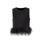 Hepburn Style Design Ostrich Hair Stitching Top New Round Neck Simple Short Solid Color Vest Women