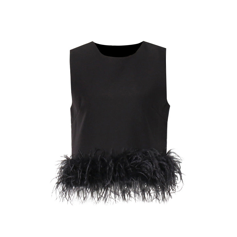 Hepburn Style Design Ostrich Hair Stitching Top New Round Neck Simple Short Solid Color Vest Women