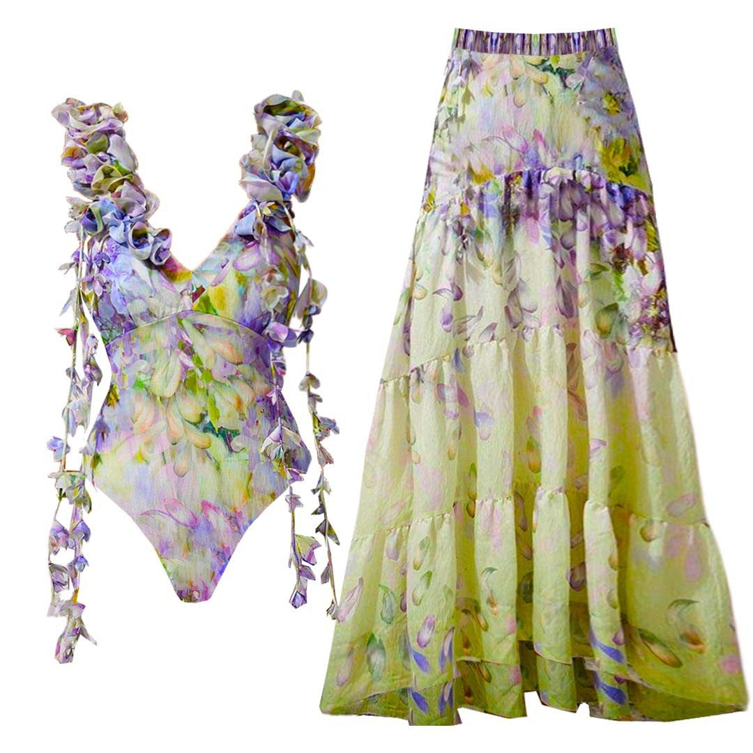 European and American swimsuit floral lace up atmosphere fairy style one-piece swimsuit set