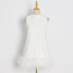 Ostrich Feather A-Line Dress Unique Design Stand Collar Sleeveless Solid Color Dress