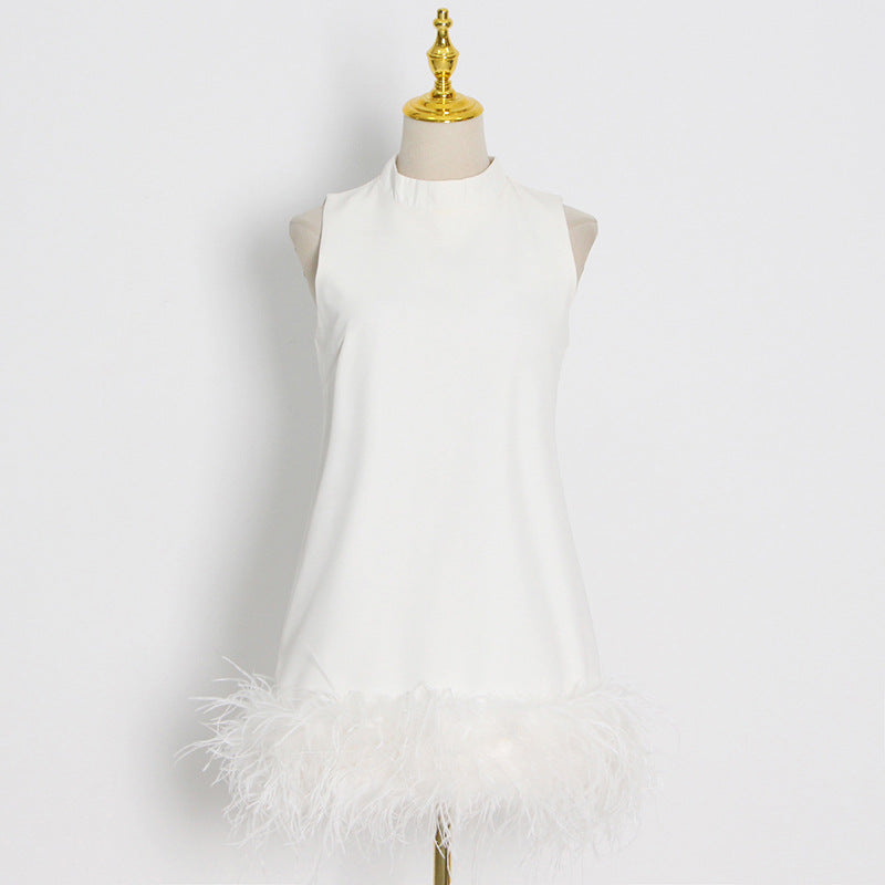 Ostrich Feather A-Line Dress Unique Design Stand Collar Sleeveless Solid Color Dress