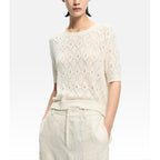 Elegant White Hollow Knit Short Sleeve Top for Women, Fashionable Lightweight and Breathable T-Shirt