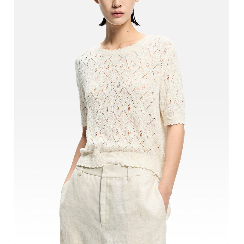 Elegant White Hollow Knit Short Sleeve Top for Women, Fashionable Lightweight and Breathable T-Shirt