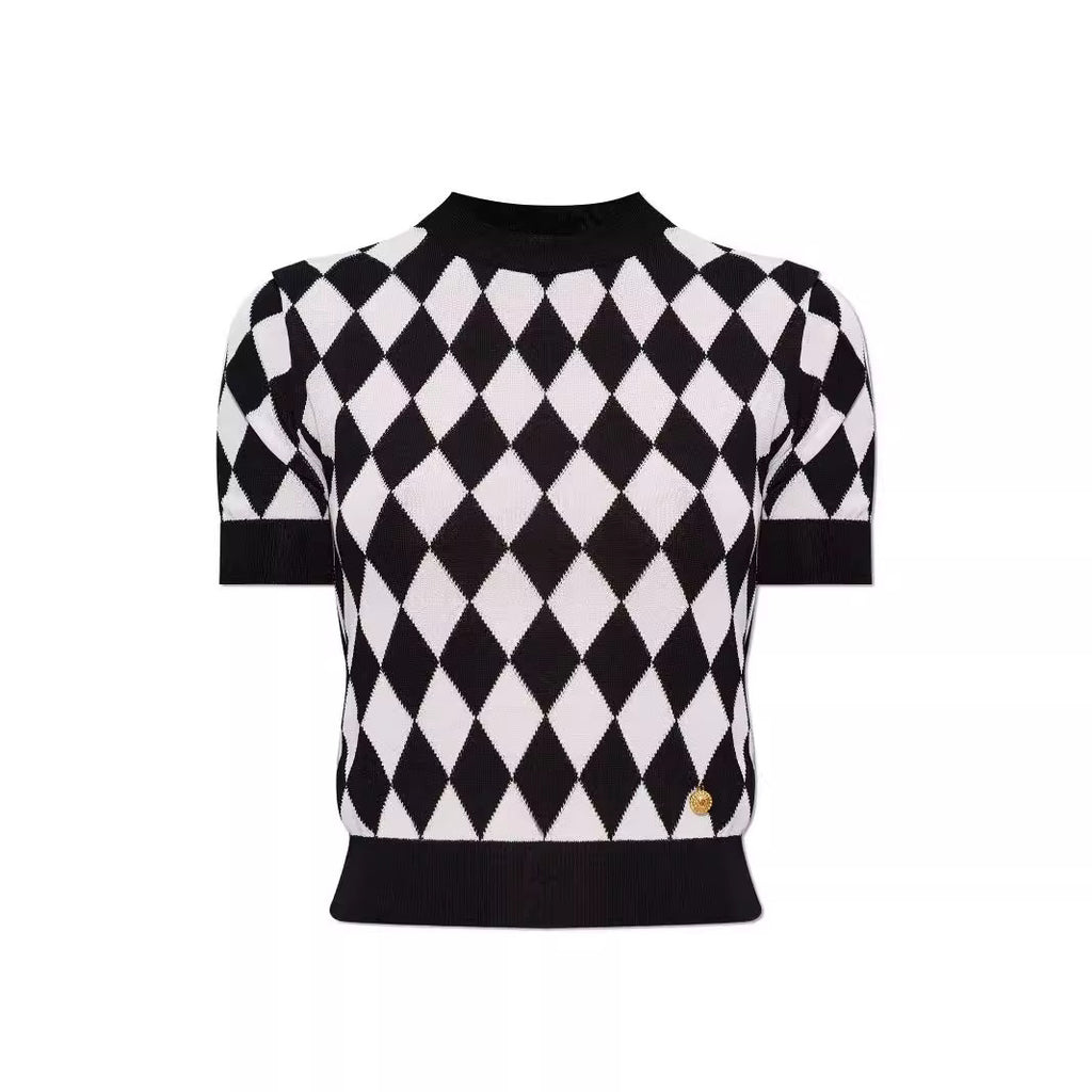 High quality short sleeved niche knitwear women's new diamond grid age reducing shirt top