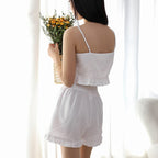 Linen Cotton Loungewear Set - Korean Style Lace Strap Top + Elastic Waist Shorts 2-Piece Set