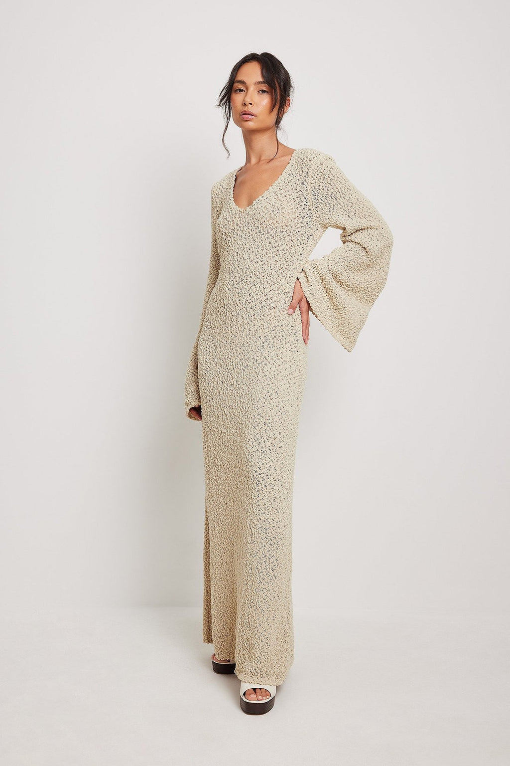Woman Long Dress Elegant Fashion Knitted Plush Long Flared Sleeve Backless Autumn Fairy Dress