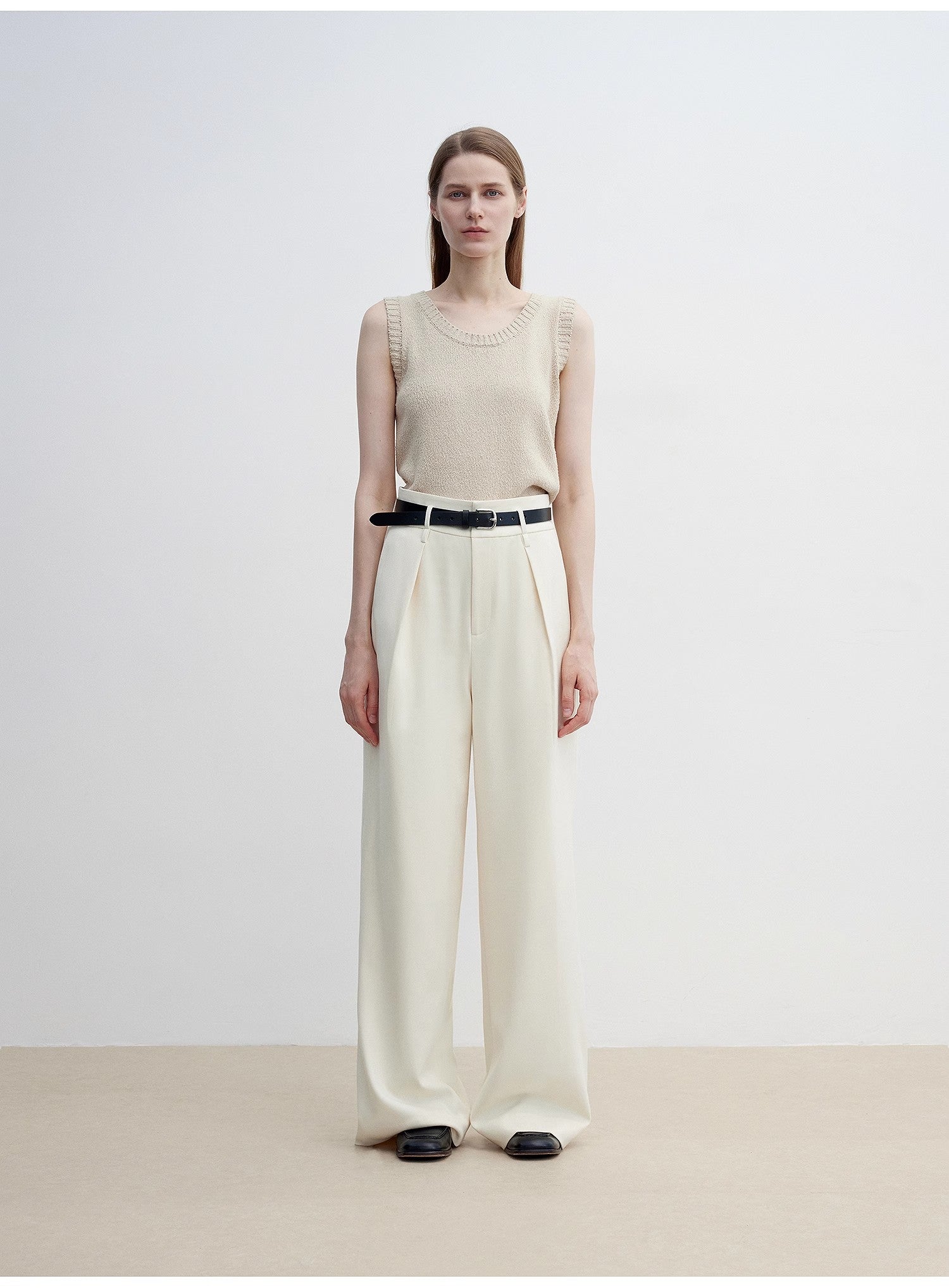 Women's white straight casual wide waist drape floor-length wide leg pants