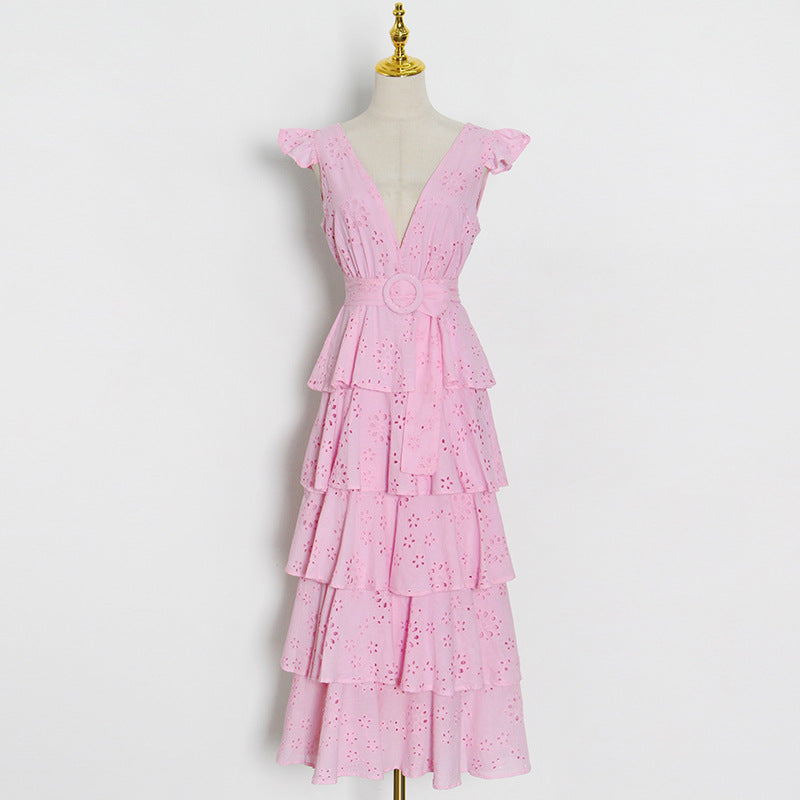 Simple Design Solid Color Cake Skirt Summer New Sexy V-Neck Hook Flower Hollow Stitching Dress