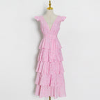 Simple Design Solid Color Cake Skirt Summer New Sexy V-Neck Hook Flower Hollow Stitching Dress