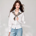 Elegant Soft Style White Long Sleeve Blouse for Women, Loose Turn-down Collar with Scarf, Commuter Chic Top, Sophisticated Spring Wear
