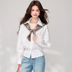 Elegant Soft Style White Long Sleeve Blouse for Women, Loose Turn-down Collar with Scarf, Commuter Chic Top, Sophisticated Spring Wear