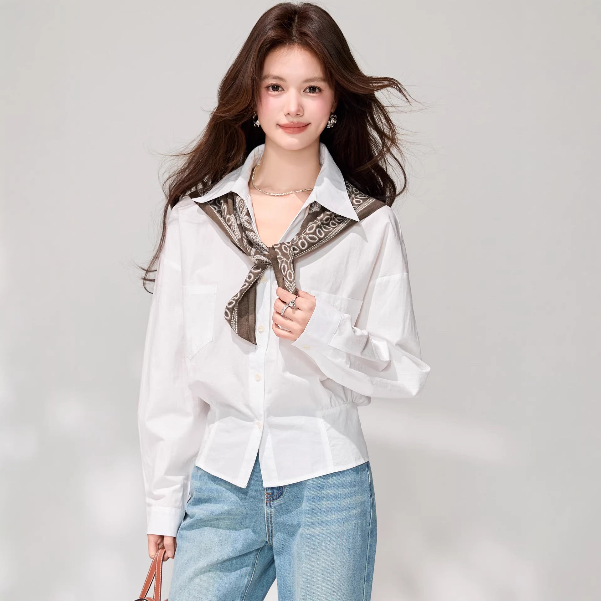 Elegant Soft Style White Long Sleeve Blouse for Women, Loose Turn-down Collar with Scarf, Commuter Chic Top, Sophisticated Spring Wear
