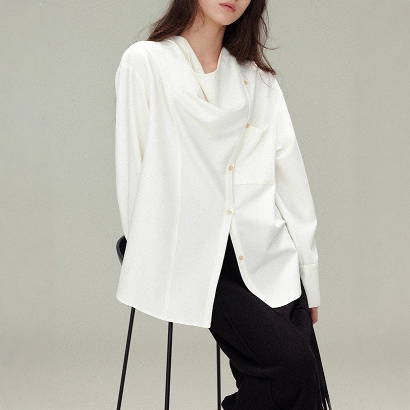 Vintage Loose Drape Neck Asymmetrical Design Long Sleeve Shirt Blouse for Women, TR Fine Diagonal Comfortable Autumn Style