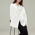 Vintage Loose Drape Neck Asymmetrical Design Long Sleeve Shirt Blouse for Women, TR Fine Diagonal Comfortable Autumn Style