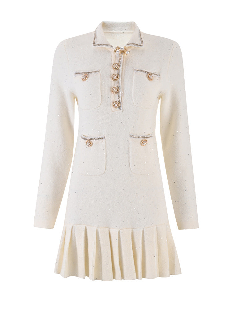 Luxury Sequined Beading Knitted Sweater Dress Women Autumn Winter Elegant Turn-down Collar Long Sleeve Mini Dresses Vestido