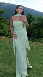 Elegant Fitted Strapless Ribbon-Trimmed Sheath Dress for Women Party Evening Gown