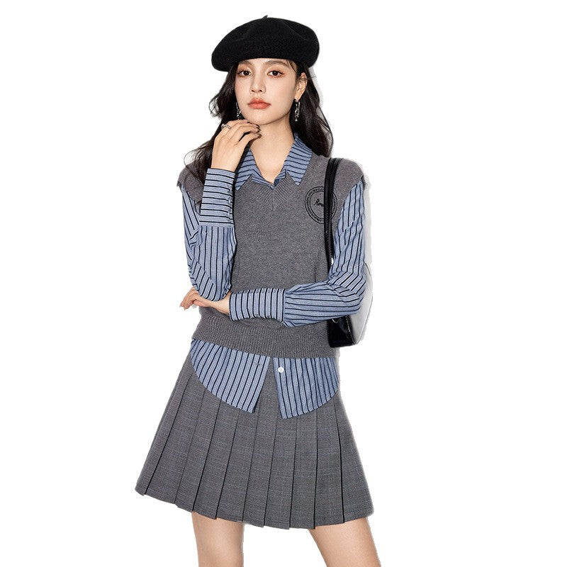 Striped V-Neck Long Sleeve Cotton Shirt for Women, Loose Fit, Layering Knit Vest Style, Autumn Winter Fashion