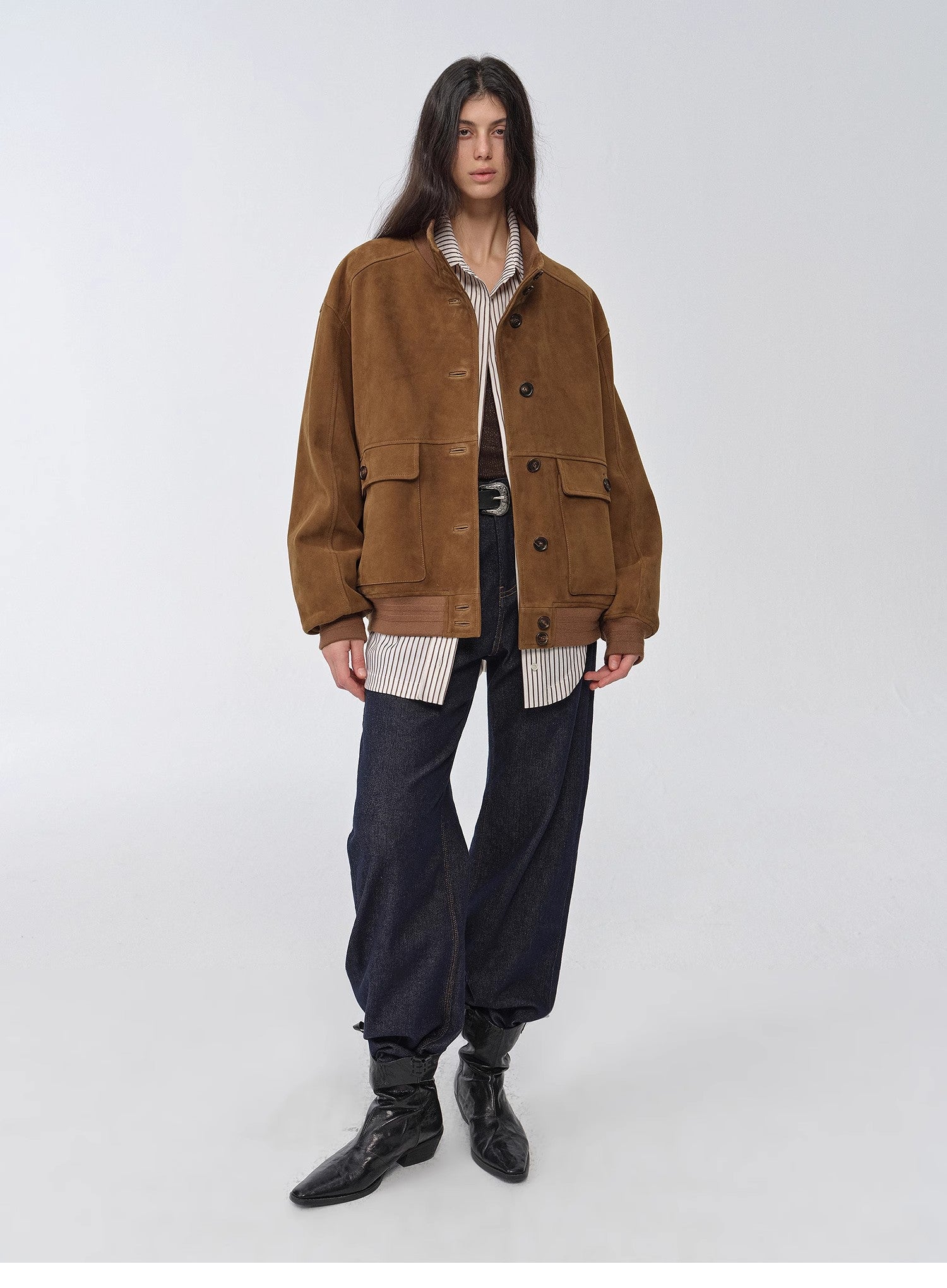 "Spring Whisper" Vintage imported suede sheepskin leather ribbed patchwork jacket