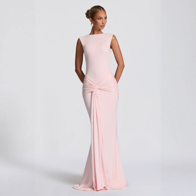 Fashionable Fitted Backless Round Neck High Waist Sleeveless Ribbon Wrap Bodycon Dress