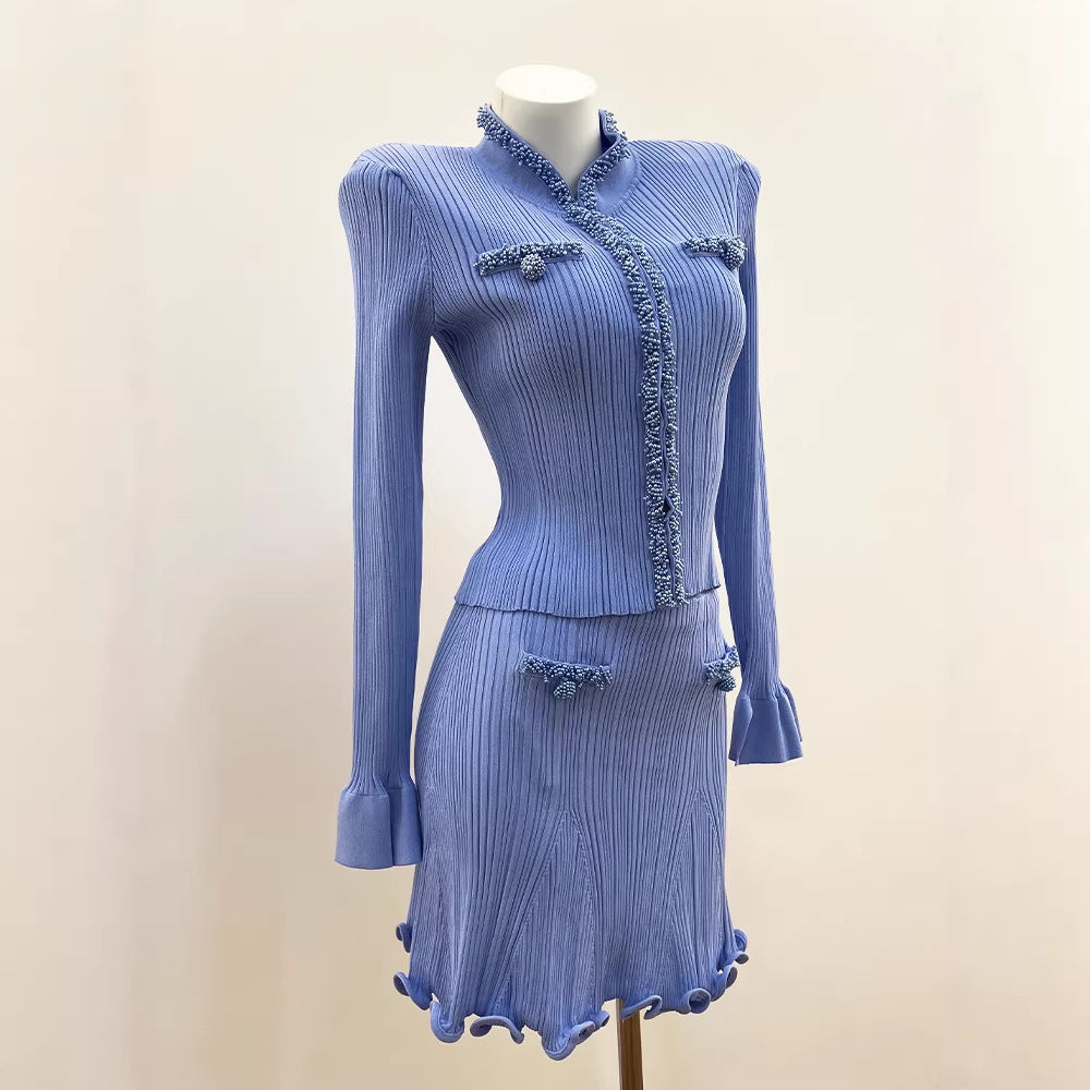 Home Mist Blue New Chinese Style Embellished Beaded Ruffle Cardigan Top and Short Skirt Set