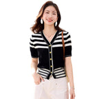Chic Stripe Women's Long Sleeve V-Neck Buttoned Knit Cardigan Casual Style