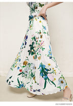 Designer Floral Pattern Women Two Piece Sets Summer Stand Collar Elastic Tops Slimy Tee Pleated Maxi Skirt