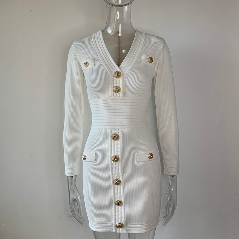 White Short-Sleeved Gold Four-Button Small V-Neck Sexy Waist Summer Knitted Dress Is Elastic And Gentle Light Luxury