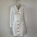 White Short-Sleeved Gold Four-Button Small V-Neck Sexy Waist Summer Knitted Dress Is Elastic And Gentle Light Luxury