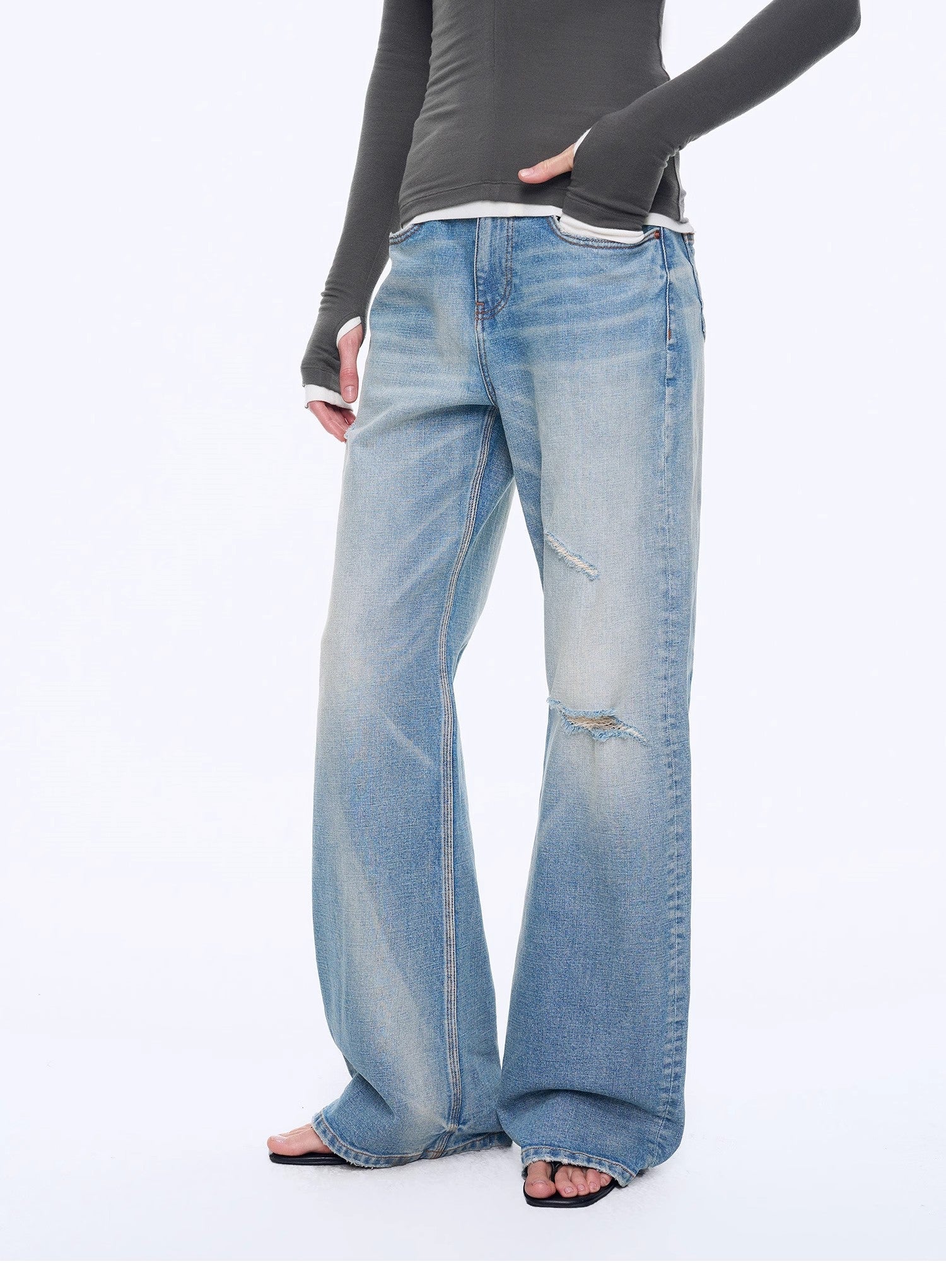 "West City Rhythm" Handmade Whisker Washed Flared Jeans Spring