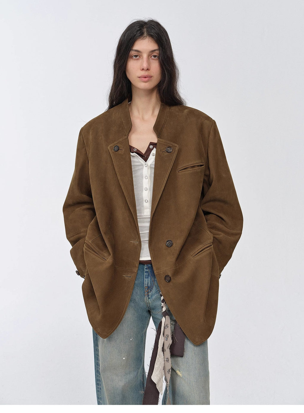 "Bavaria" vintage suede/waxy goatskin leather mid-length suit jacket