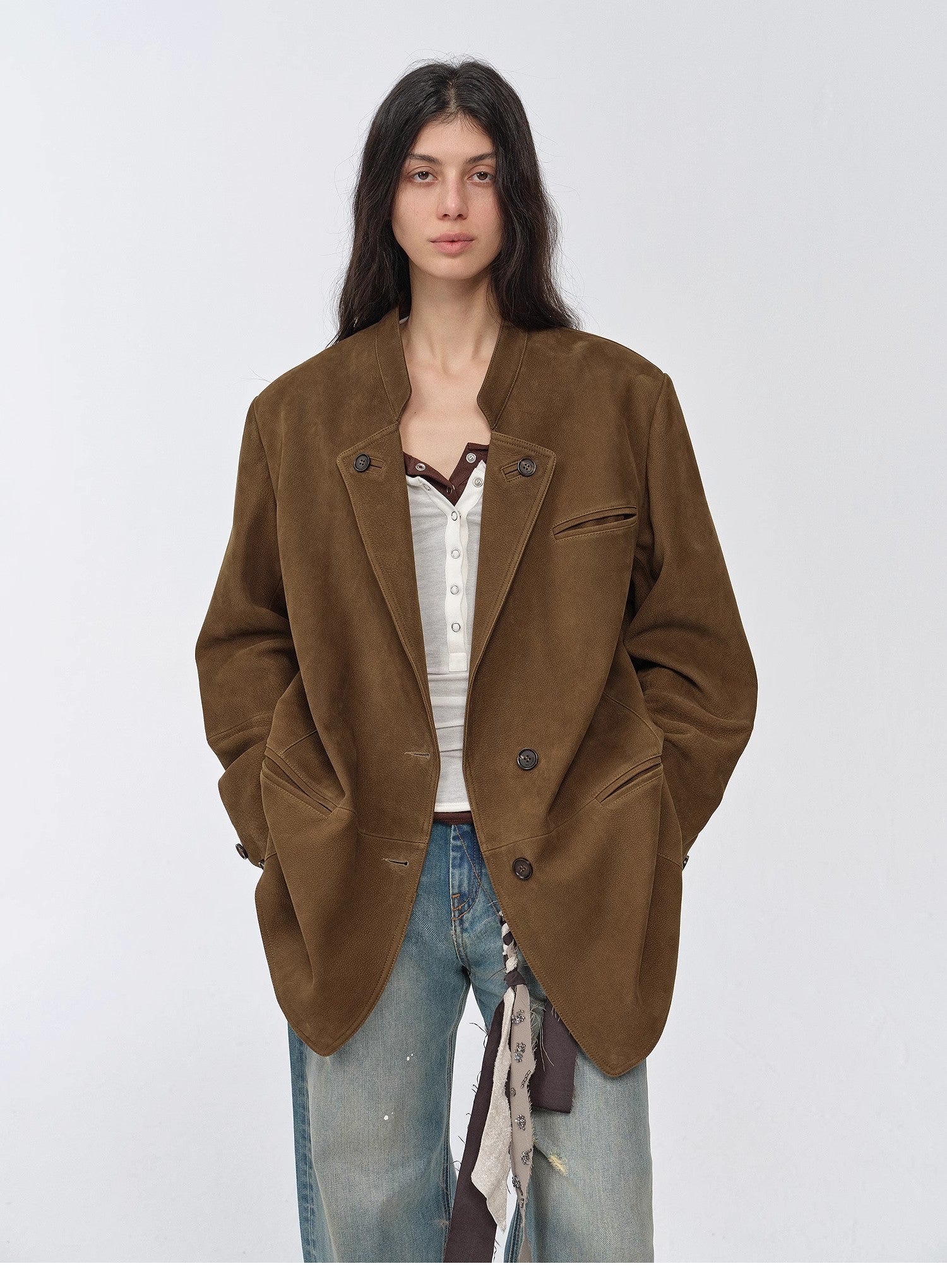 "Bavaria" vintage suede/waxy goatskin leather mid-length suit jacket