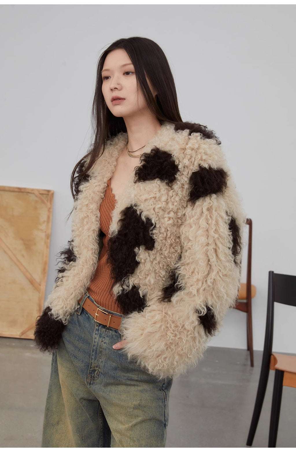 Fragrant Cream Cow Pattern Sheep Curly Double Knit Fur Short Coat
