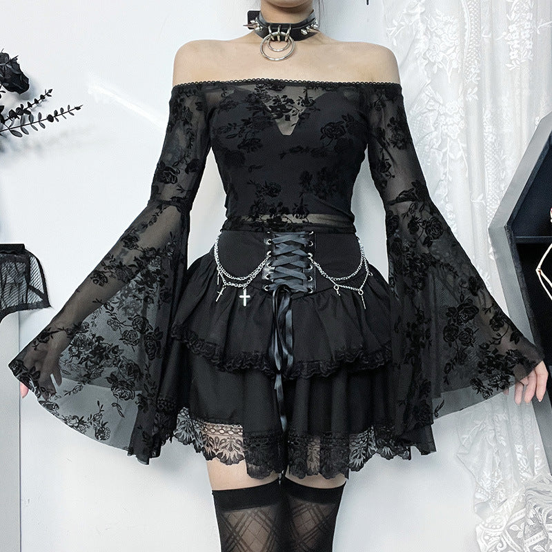 Gothic Layered Skirt with Chain Cross Design for Women, Fitted and Trendy Halloween Party Style