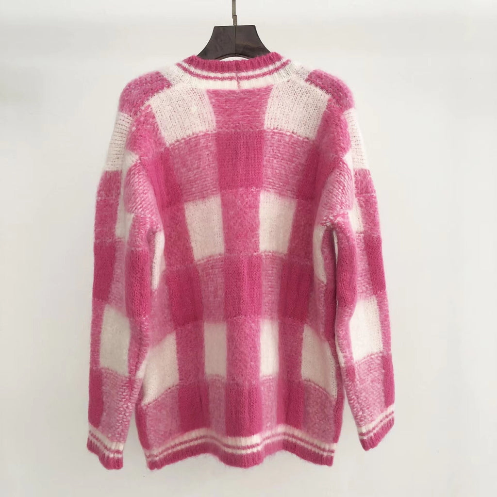 Spring New Mohair V-neck Plaid Pink Knitted Jacket Single-breasted Collision Color Loose Cardigan Sweater M Brand