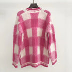 Spring New Mohair V-neck Plaid Pink Knitted Jacket Single-breasted Collision Color Loose Cardigan Sweater M Brand