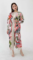 Miyake Designer Women's Pleated Fashion Coat Design Lapel Raglan Sleeves Trench Coat Loose Casual Mid Length Printed Coat