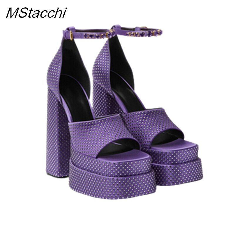 Processing time:4-7days after placing orders Two-double Platform Shoes Summer Ankle Strap Crystal Party Wedding Shoes  Luxury Designer Peep Toe Chunky Heels Women's Sandals